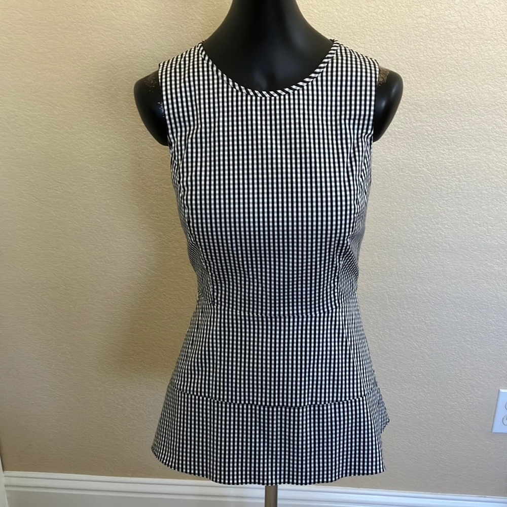 WHBM Black and White Gingham Hi-Lo Peplum Top